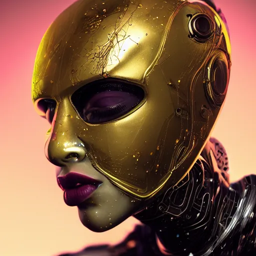 Prompt: portrait of an evil beautiful woman, marble skin, golden helmet, golden splatters, high - tech, cyberpunk, by kim jung gi, irakli nadar, intricate linework, bright colors, octane render,