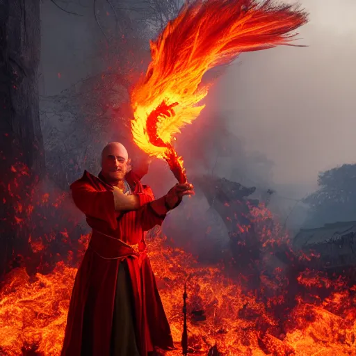 Prompt: fire mage casting pyroblast, realistic 8 k professional photography, midday lighting, defiant, octane, volumetric lighting, 7 0 mm,