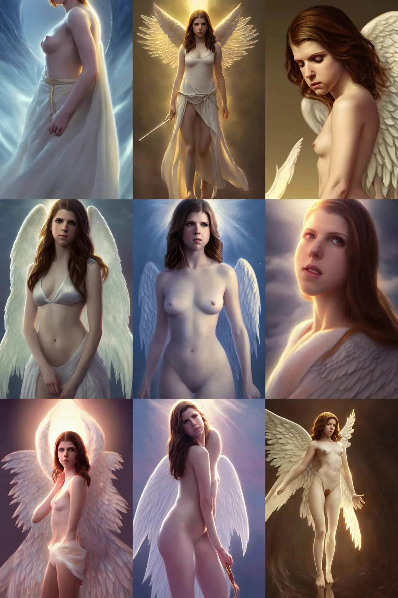 Prompt: anna kendrick as a heavenly angel, anatomy, bathed in light, highly detailed, photorealistic, artstation, smooth, sharp focus, illustration, disrobed, unreal engine 5, 8 k, art by artgerm and greg rutkowski and edgar maxence