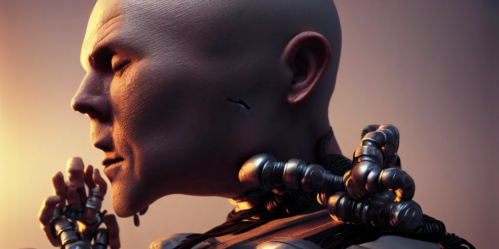 Image similar to 3 d render of the meditating monk with mohawk and tattoo on face and cybernetic enhancements, 3 d render, octane render, scifi character portrait by greg rutkowski, craig mullins, cinematic lighting, dystopian scifi outfit, profile picture, mechanical, cyborg, half robot ultra realistic 8 k resolution.