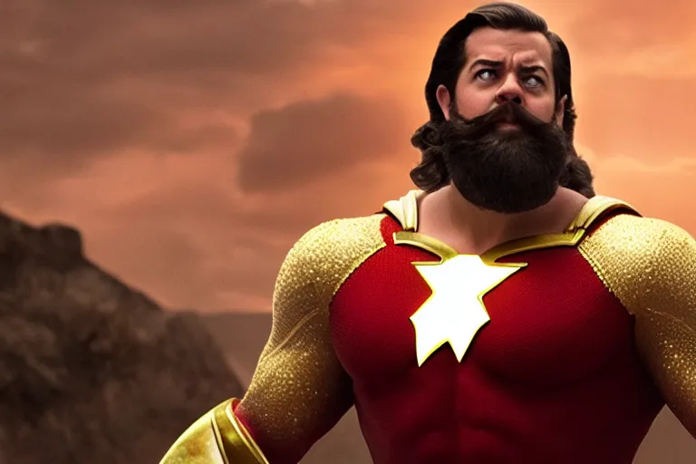 Image similar to bearded david sandberg as shazam from shazam ( 2 0 1 9 ), cinematography