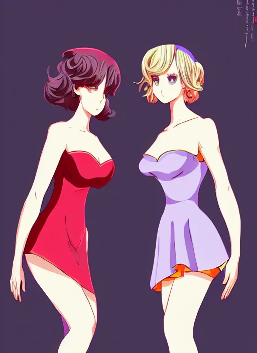 Image similar to two beautiful mothers standing face to face taunting each other, gorgeous dresses, gorgeous faces, smooth thick lines, cinematic lighting, detailed anime art