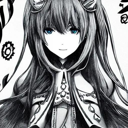 Image similar to hatsune miku by Kentaro Miura, black and white, highly detailed