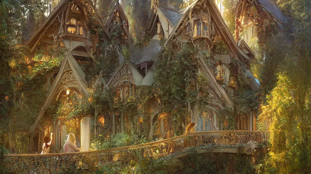 Image similar to a beautiful painting of art nouveau swiss chalet elven rivendell at sunrise, with an elven girl looking out from her balcony, intricate, elegant, highly detailed, digital painting, artstation, concept art, by krenz cushart and artem demura and alphonse mucha