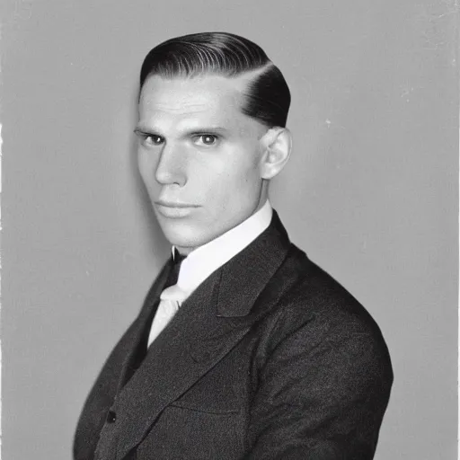 Image similar to A photograph portrait of Jerma985 wearing a suit with short slicked hair in the early 1930s, taken in the early 1930s, grainy, taken on a early 1930s Kodak Camera, realistic, hyperrealistic, very realistic, highly detailed, very detailed, extremely detailed, detailed, digital art, trending on artstation