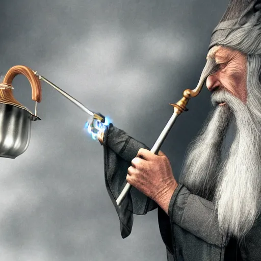 Prompt: photorealism render of Gandalf the Grey getting high from a bong