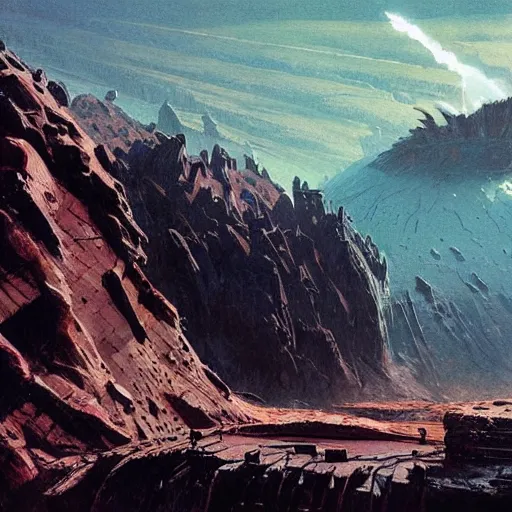 Image similar to view from a wasteland plain of a jagged mountain with a black arcology driven like a spear into the glacier, rust-colored waterfalls pouring from its upper balconies, blue radiation glow beneath, science fiction concept art by Greg Rutkowski and Moebius and Beksinski and Le Corbusier