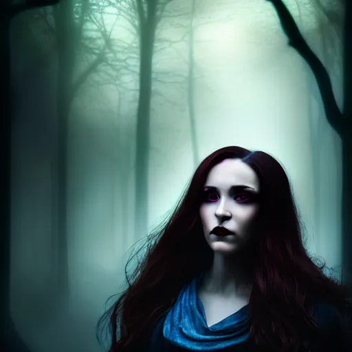 Image similar to Riveting Charismatic brunette female vampire, portrait, atmospheric lighting, painted, intricate, Highgate cemetery, mist, cold, volumetric lighting, beautiful, blue moon light, sharp focus, deep colours, ultra detailed, by Leesha Hannigan, Ross Tran, Thierry Doizon, Kai Carpenter, Ignacio Fernández Ríos