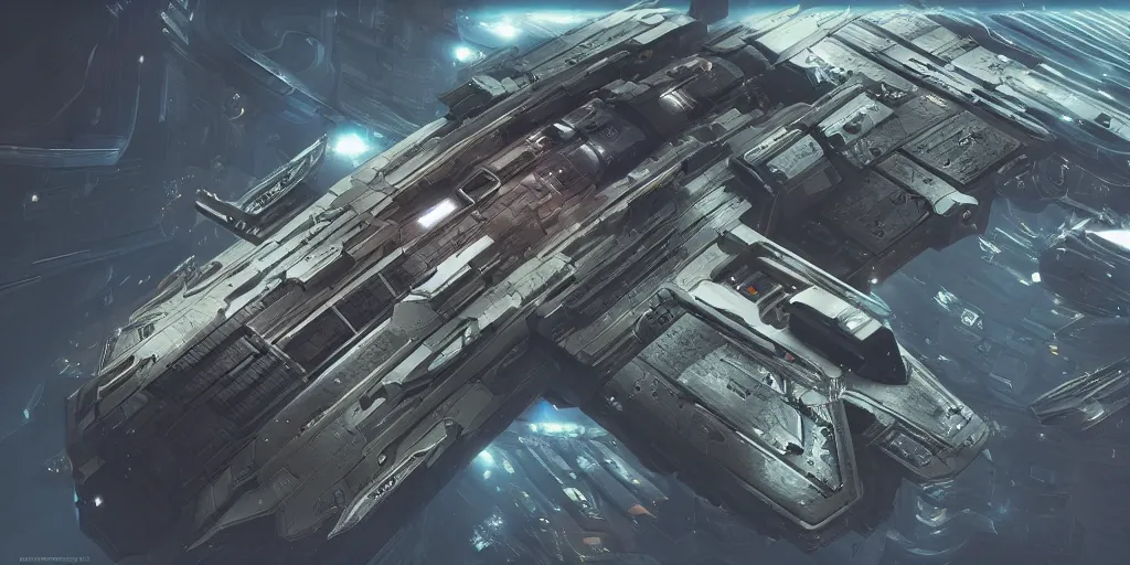 Image similar to cyberpunk cargo ship strongly resembling industrial spaceship design concept art in space, by david levy, eve online, elite dangerous, artstation, concept art, highly detailed, rule of thirds, dynamic lighting, cinematic, detailed, magnificiant landscape, denoised, octane render, 3 d, cinema 4 d, hyper realism, high detail, unreal engine, 8 k