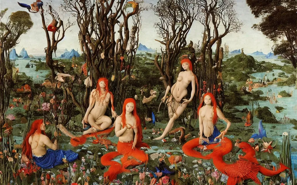 Image similar to a portrait photograph of a meditating mermaid shaman and a flayed centaur monk feeding parrots at a wide river delta. surrounded by bulbous flowers, animals and trees. mountain range under a vast blue sky of burning stars. painted by jan van eyck, max ernst, ernst haeckel, ernst fuchs and artgerm, trending on cgsociety