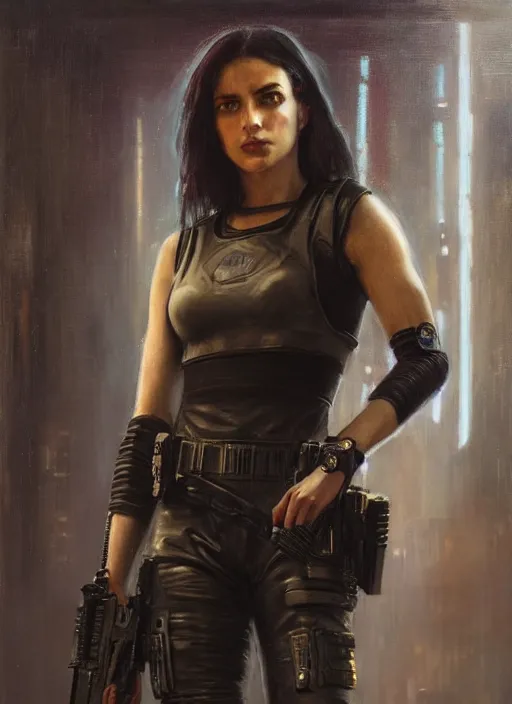 Image similar to 💃🏻. cyberpunk police trooper in a military vest ( blade runner 2 0 4 9, cyberpunk 2 0 7 7 ). orientalist portrait by john william waterhouse and james gurney and theodore ralli and nasreddine dinet, oil on canvas. cinematic, hyper realism, realistic proportions, dramatic lighting, high detail 4 k