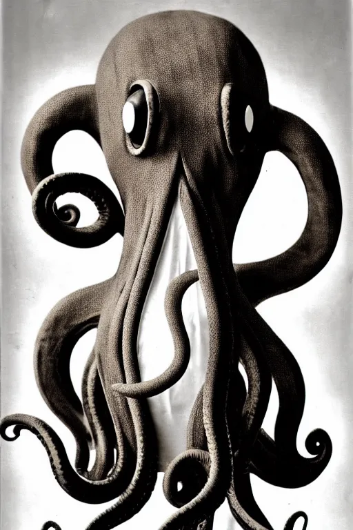 Image similar to anthropomorphic octopus , wearing a suit, tentacles spilling out of the collar, vintage photograph, sepia