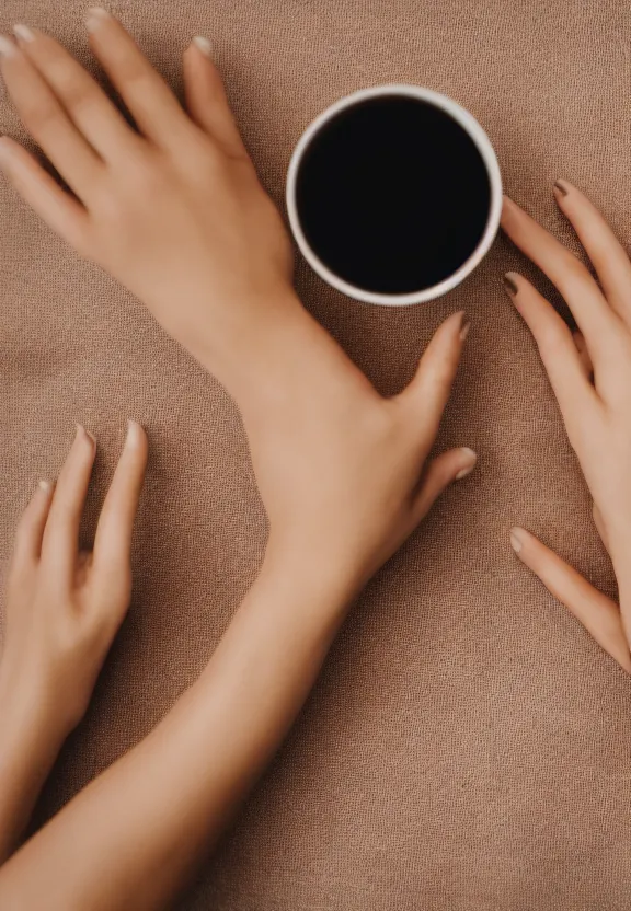 Prompt: photorealistic woman's hand with palm up lies on the table, palm pattern visible, pov photo, instagram photo, studio photo, 9 0 mm, f / 1. 4