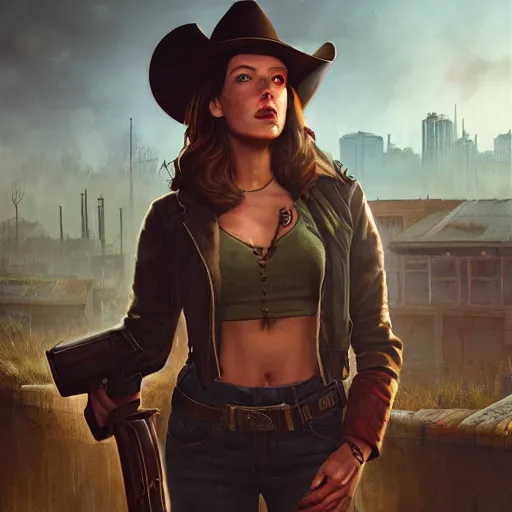 Prompt: fallout 5, charismatic beautiful, rugged, brunette female protagonist wearing a cowboy - hat, portrait, outdoors ruined cityscape, atmospheric lighting, painted, intricate, volumetric lighting, beautiful, spring, sharp focus, warm deep colours, ultra detailed, by leesha hannigan, ross tran, thierry doizon, kai carpenter, ignacio fernandez rios