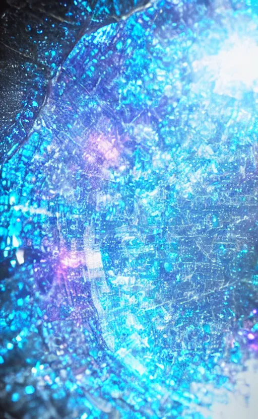 Image similar to Close-up of an iridescent crystal in space inside against the background of a time vortex, magic, fantasy, realism, beautiful, epic, dream, realism, photo, 8K, high quality, high resolution, HDR, 4K, lossless