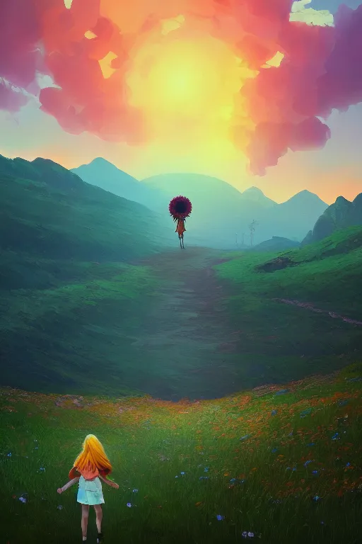 Image similar to giant daisy flower head, girl hiking in the mountains, surreal photography, sunrise, dramatic light, impressionist painting, colorful clouds, digital painting, artstation, simon stalenhag