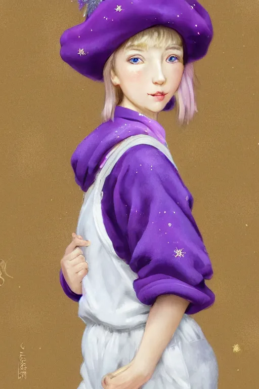 Image similar to Full View girl with short blond hair wearing an oversized purple Beret, Baggy Purple overall shorts, Short Puffy pants made of silk, silk shoes, a big billowy scarf, Golden Ribbon, and white leggings Covered in stars. Short Hair. peasant magic. masterpiece 4k digital illustration by Ruan Jia and Mandy Jurgens and Artgerm and william-adolphe bouguereau, award winning, Artstation, art nouveau aesthetic, Alphonse Mucha background, intricate details, realistic, panoramic view, Hyperdetailed, 8k resolution, intricate art nouveau