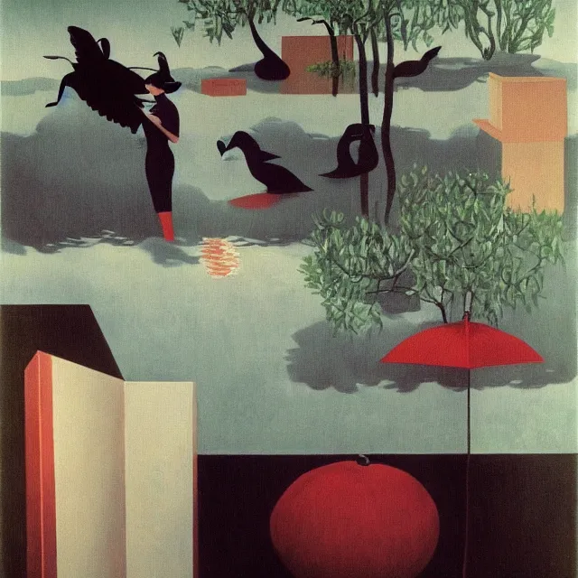 Image similar to painting of flood waters inside an apartment, tall female emo art student, a river flooding indoors, pomegranates, pigs, ikebana, water, river, rapids, waterfall, black swans, canoe, berries dripping, acrylic on canvas, surrealist, by magritte and monet