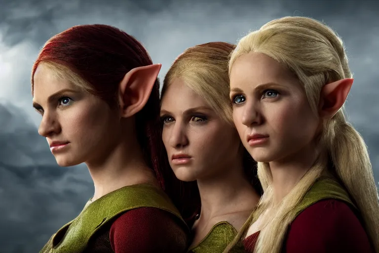 Image similar to a cinematic headshot portrait of three female elf warriors, 8 k, ultra realistic, dramatic lighting, mist