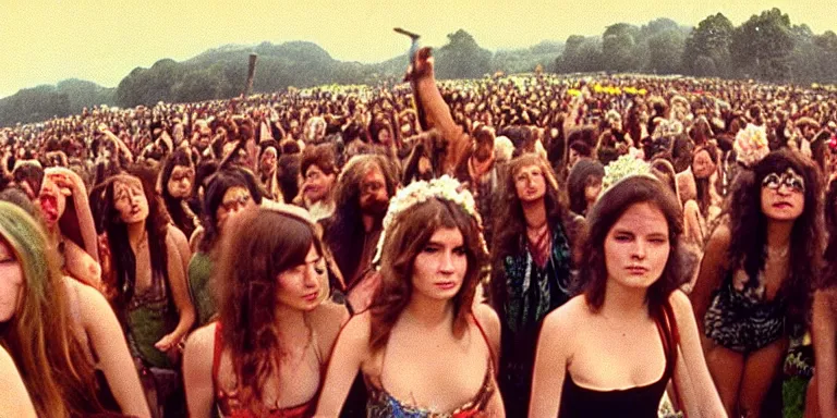 Prompt: photorealistic documentary style cinematography of sexy flowerchild women at the 1 9 6 9 woodstock festival shot on 1 6 mm eastman 7 2 5 4 film with a angenieux 1 2 - 1 2 0 mm zoom lens shot at magic hour by cinematographers, malcolm hart, don lenzer, michael margetts, david myers, richard pearce, michael wadleigh