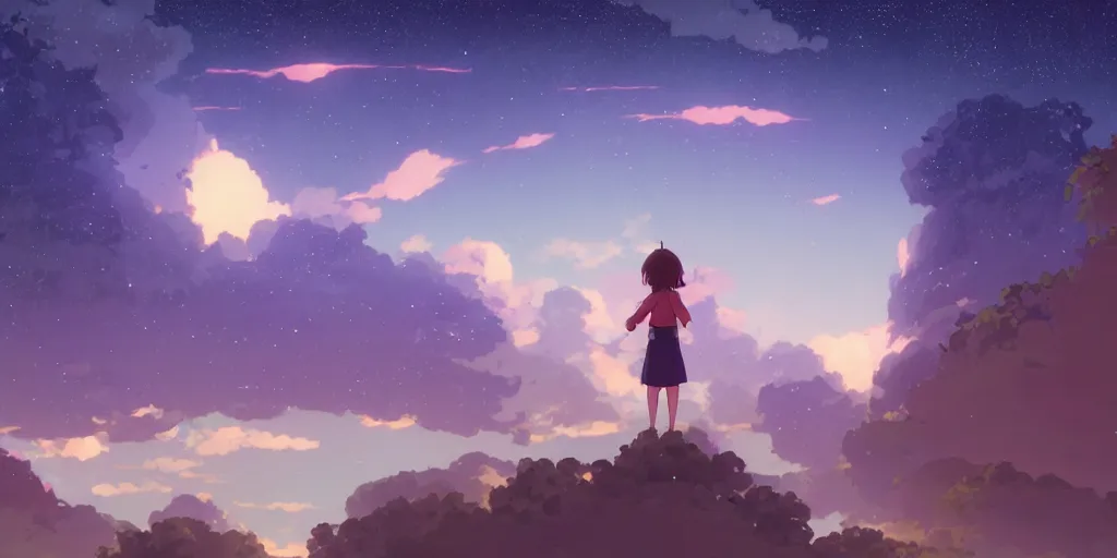 Image similar to a wholesome animation key shot of a focused girl looking at a starry sky at night, medium shot, waist up, studio Ghibli, Pixar and Disney animation, sharp, very detailed, high resolution, Rendered in Unreal Engine 5, anime key art by Greg Rutkowski, Bloom, dramatic lighting