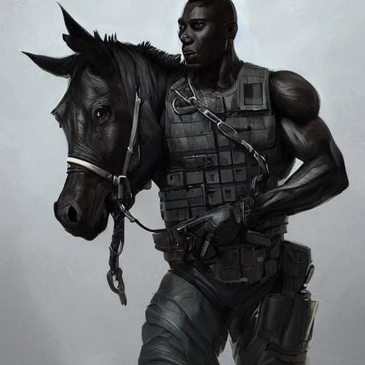 Prompt: a musclebound black - coated male anthro horse in a tactical outfit at a facility, detailed clothes texture, absurdly exaggeratedly physique, highly detailed, digital painting, artstation, sharp focus, smooth, concept art, illustration, art by artgerm, greg rutkowski, wlop