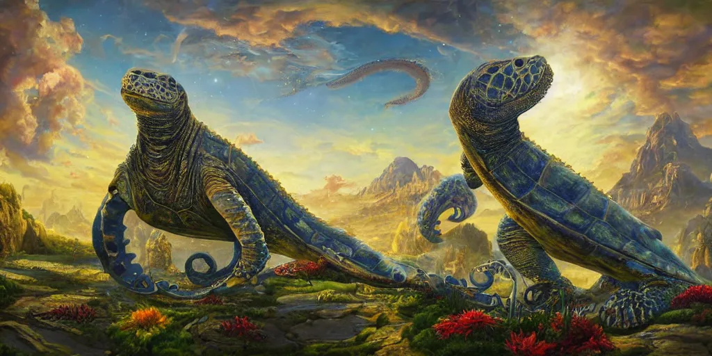 Image similar to fantasy oil painting, great leviathan, cybernetic turtle cephalopod terrapin reptilian pachyderm squid, bella hadid, hybrid, milla jovovich, anubis, epic natural light, lush plants flowers, spectacular mountains, bright clouds, luminous sky, outer worlds, golden hour, michael cheval, edward hopper, michael whelan, vray, hd