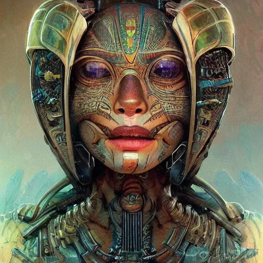 Image similar to An Alien Robot Mayan Ruler, facial tattoos, artists portrait, biomechanical, wild jungle, fantasy, highly detailed, digital painting, concept art, sharp focus, depth of field blur, illustration, art by artgerm and greg rutkowski and alphonse mucha