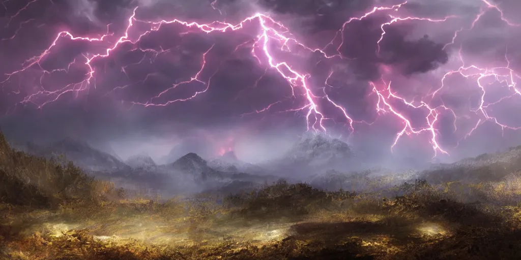 Prompt: ruby lightning stormclouds above a mountain range, concept art