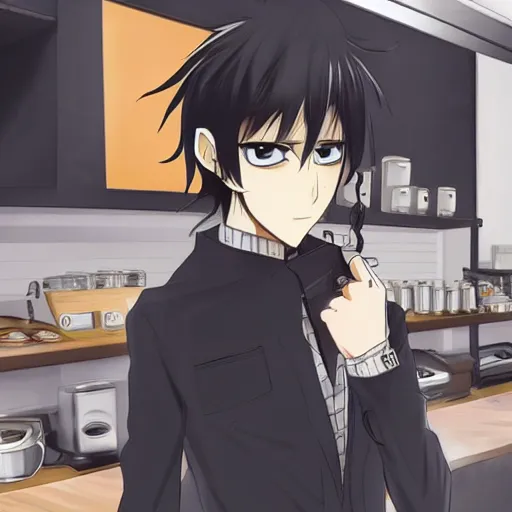 Image similar to a tall anime boy with black hair, blue eyes and piercings working at a café, detailed