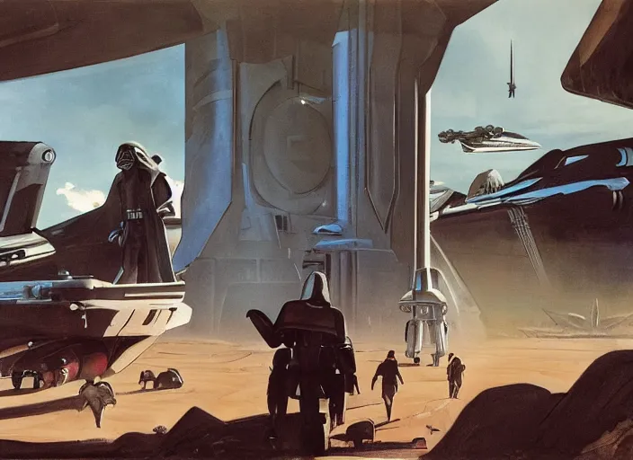 Prompt: ( ( ( ( ( classic ralph mcquarrie star wars concept art, 1 9 5 0 s scrambler, 1 9 6 0 s cafe racer, painting, star wars ) ) ) ) ) by ralph mcquarrie and star wars and logan's run and thx 1 1 3 8!!!!!!!