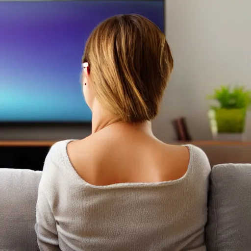 Image similar to Over the shoulder shot of a woman looking back at you. The T.V. is illuminating a disturbing grey image on the TV screen.