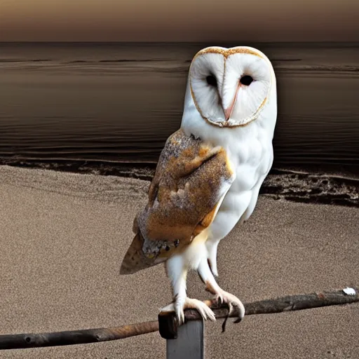 Image similar to barn owl standing in a chair at the beach, canon photo, very detailed, winning award photo, golden hour