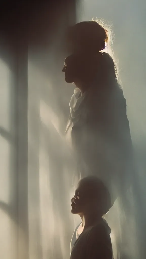 Image similar to very very beautiful photograph of emily skinner looking like annie leonhart standing next to a window god rays shining on her from the sunlight, volumetric fog, smoke, depth of field, beautiful composition, very very very beautifull face, on artstation and instagram