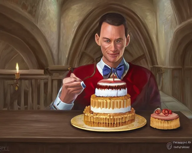 Image similar to Forrest gump eating a cake in hogwarts, digital art, highly detailed, in the style of Mandy Jurgens