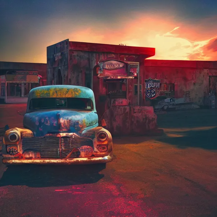 Image similar to a sunset light landscape with historical route 6 6, lots of sparkling details and sun ray ’ s, blinding backlight, smoke, volumetric lighting, colorful, octane, 3 5 mm, abandoned gas station, old rusty pickup - truck, beautiful epic colored reflections, very colorful heavenly, softlight