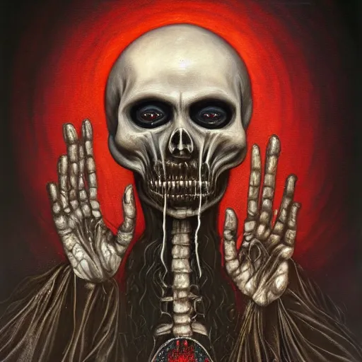 Prompt: santa muerte being awakened by a mexican death cult through a ritual, by anton semenov and amanda sage and h.r. giger in a surreal dark horror style, oil on canvas, 8k, hd,