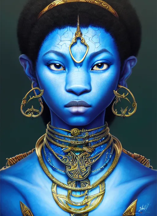 Prompt: : blue avatar, fantasy magic,, intricate, sharp focus, illustration, highly detailed, digital painting, concept art, jahbu art and paul lewin and kehinde wiley, masterpiece