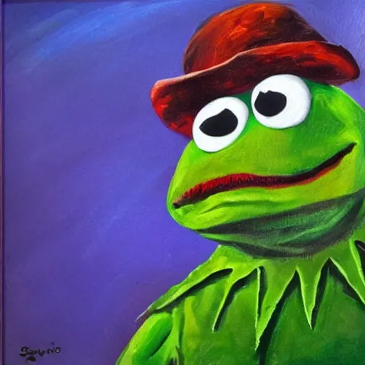 Image similar to portrait of kermit the frog with salvadore dali mustache, expressive oil painting