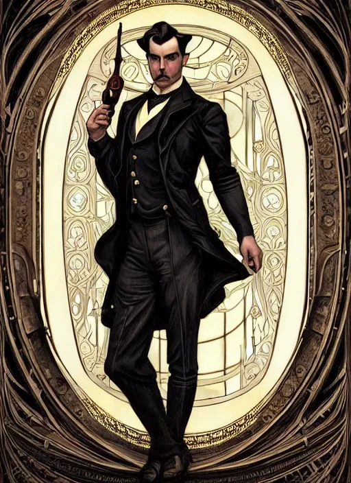 Image similar to an art nouveau, victorian male detective portrait in the style of charlie bowater, and in the style of donato giancola, and in the style of charles dulac. very large, clear, expressive, intelligent eyes. symmetrical, centered, ultrasharp focus, dramatic lighting, photorealistic digital painting, intricate ultra detailed background.