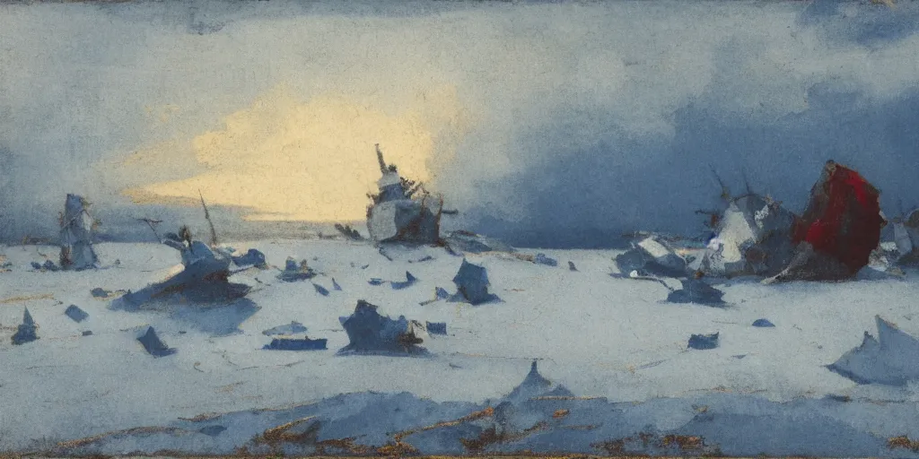 Prompt: tonalist landscape of arctic wasteland with shattered ships, cerulean blue, payne's grey, titanium white, and venetian red, sharp details, high contrast, contre - jour, backlighting, golden ratio, crosshatching