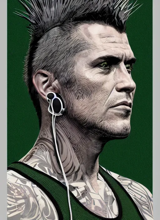 Image similar to portrait of a man with gray and green mohawk wearing a gray headset and brown tank top, gray and green mohawk, gray headset, brown tank top. art by martin ansin, martin ansin artwork. portrait.