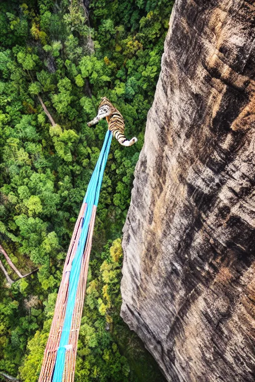 Prompt: bungee jump of a tiger suspended by a large parachute jumping from a mountain cliff, wide angles lens