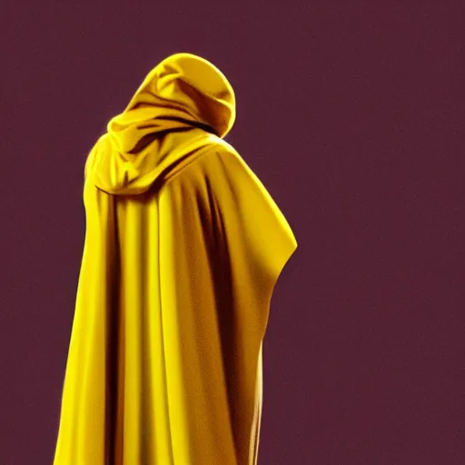 Prompt: award - winning. trending on artstation. cinematic. expressive. a faceless man wearing layered yellow robes while a black hole floats behind them. dark background.