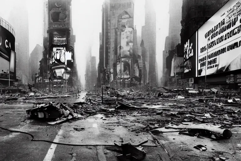 Prompt: photo of an destroyed times square after a nuclear attack, thunderstorm, desolate, 8 k, uhd, artstation, award winning