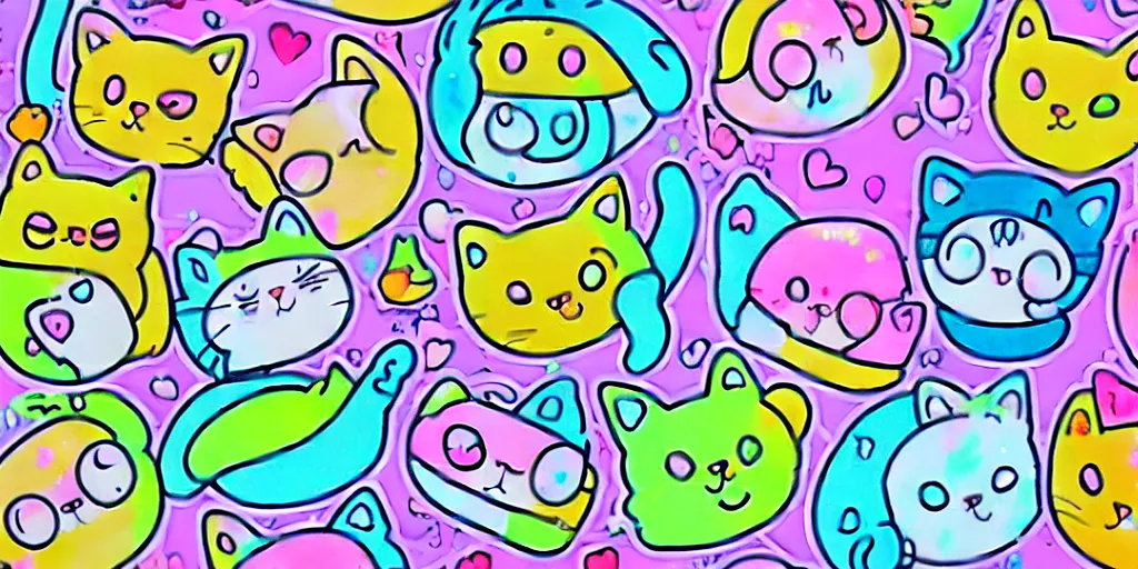Image similar to a cat burrito, puffy sticker, glitter sticker, kawaii by studio ghibli, by lisa frank 8 k pastel colours, neon colours, fluorescent colours,