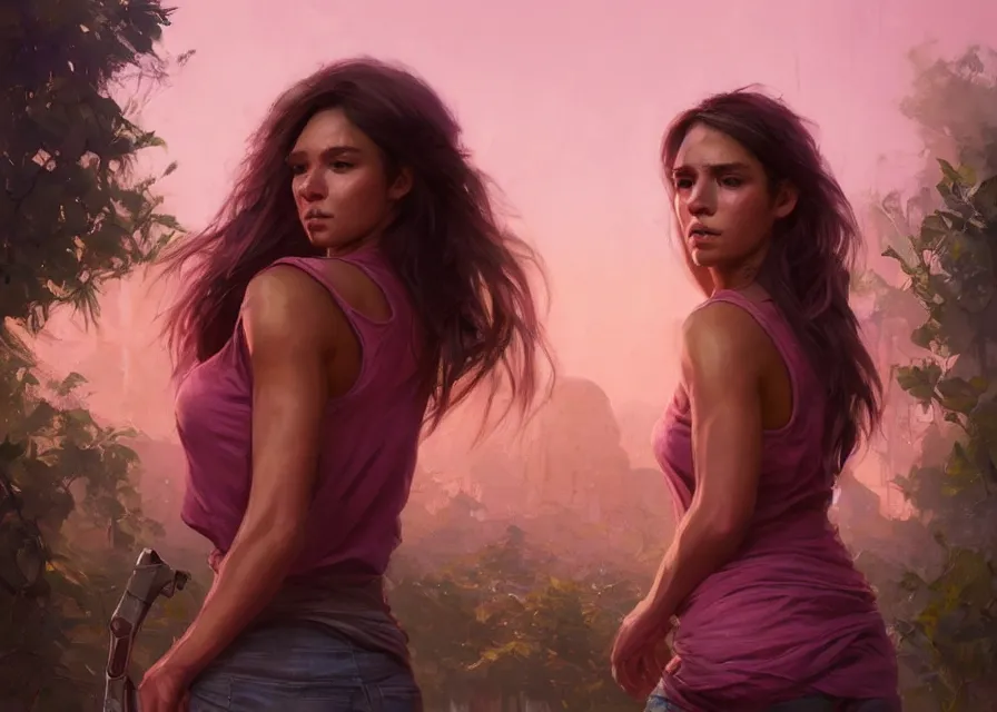 Image similar to an portrait of a beautiful female survivor in a pink t shirt, apocalyptic city backround, shiny skin, flowing tied hair, fine details. night setting. realistic shaded lighting poster by craig mullism, artgerm, jeremy lipkin and michael garmash, unreal engine, radiant light, detailed and intricate environment, digital art, trending on art station,