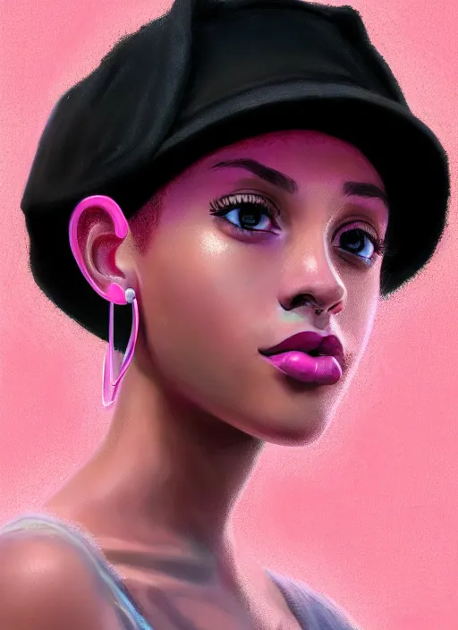 Image similar to portrait of teenage vanessa morgan with bright pink hair, black girl, vanessa morgan, curly pixie cut hair, wearing newsboy cap, newsboy cap, hoop earrings, intricate, elegant, glowing lights, highly detailed, digital painting, artstation, concept art, smooth, sharp focus, illustration, art by wlop, mars ravelo and greg rutkowski