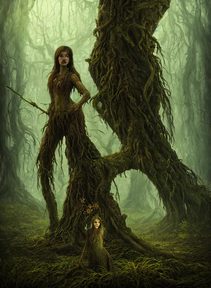 Image similar to a portrait of a dryad ent guarding the marshy swamps from skyrim, fantasy setting, cold environment, serene colors, soft lighting, atmospheric, cinematic, moody, in the style of diego koi, gina heyer, luiz escanuela, art by alyssa monk, hyperrealism, rule of thirds, golden ratio, oil on canvas, 8 k