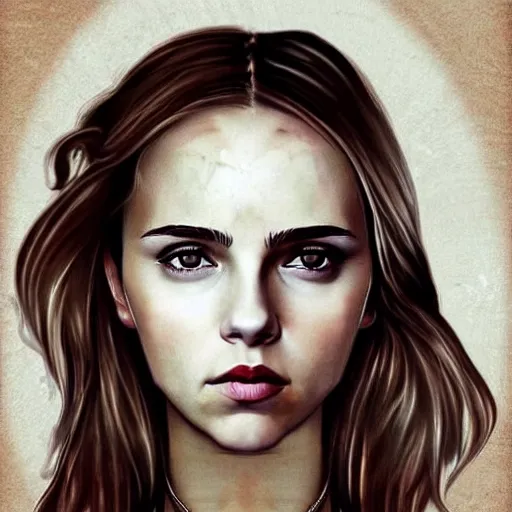 Image similar to portrait of girl who look like a mix of emma watson, scarlett johansson, nathalie portman, very detailled, by artgem